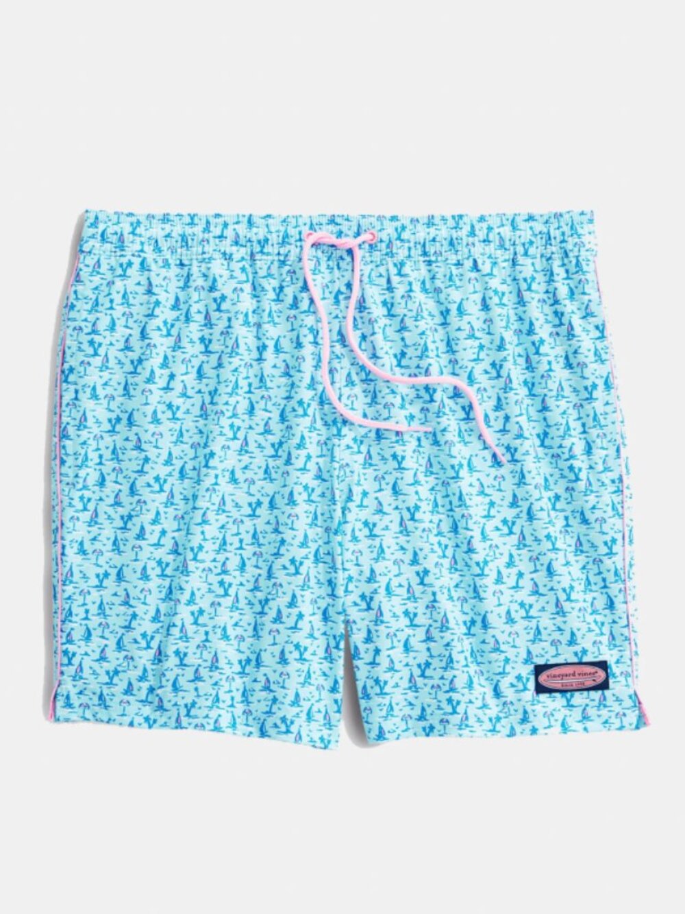 Vineyard Vines Chappy Trunks Light Blue Printed Swim Shorts with Pink Drawstring